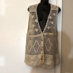 62 East Vintage Women’s Handmade Crochet sleeveless long Beige Sweater vest